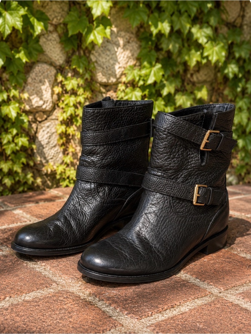 KATE SPADE Luxury Black Pebbled Leather Sabina Double Buckle Moto Boots, 7M
